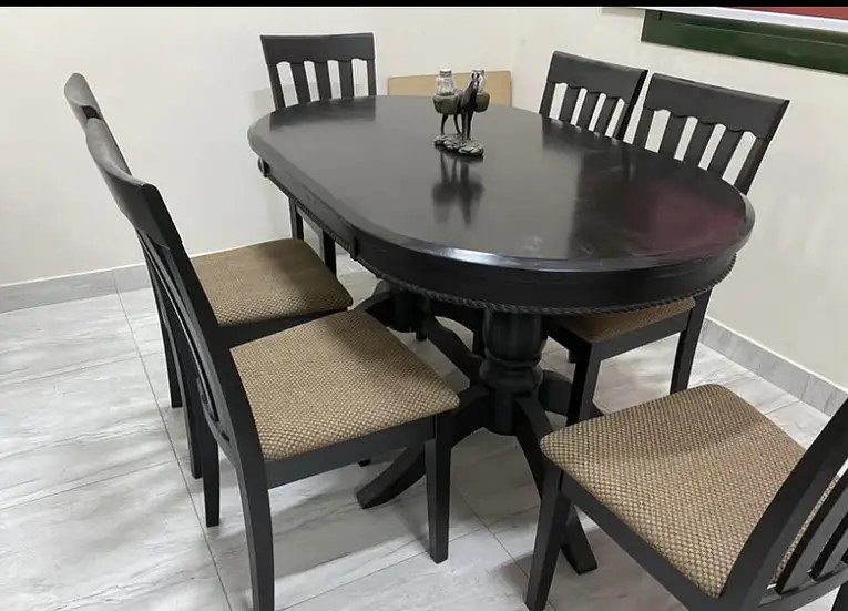 Dining Room Solid Wood Dark Brown Table With 6 Chairs, 135 Cm X 95 Cm